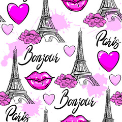 Fototapeta na wymiar Abstract seamless modern pattern with Eiffel Tower and hearts. Abstract fashion print design in hand drawing style.