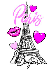 Paris print T-shirts and card. Hand lettering. Design for girls. Fashion illustration drawing in modern style. Girlish print with Eiffel Tower