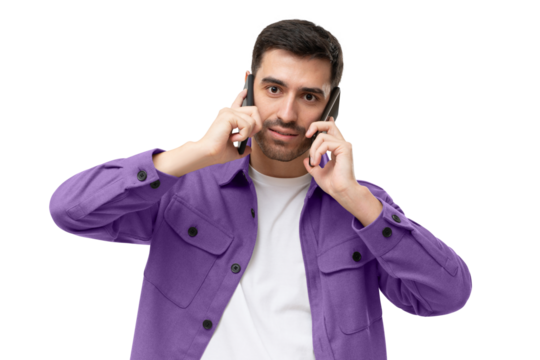 Overwhelmed business man talking using two phones