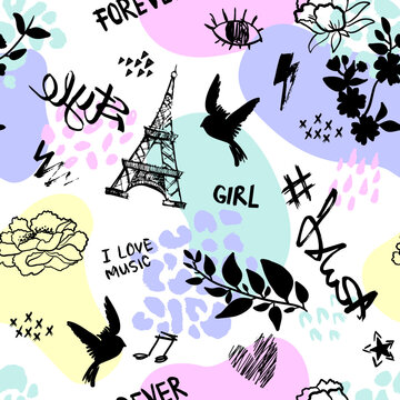 Abstract seamless modern pattern with romantic elements, words, flower, bird.  Abstract fashion print design in hand drawing style.