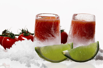 bloody mary ice shots on a white background