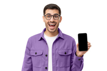 Amazed and shocked man showing empty black screen of his phone in hand
