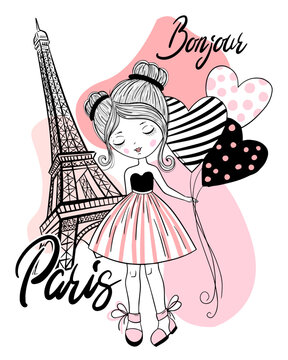 Vector cartoon cute girl  in Paris, France. and lettering. Character design, Eiffel Tower and lettering
