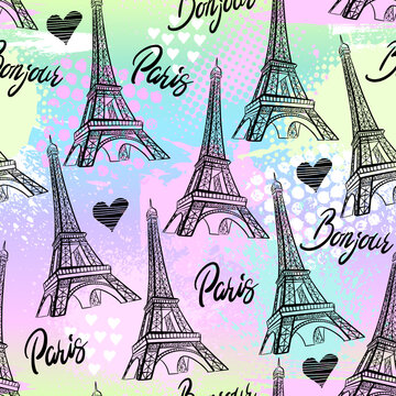 Abstract seamless modern pattern with Eiffel Tower and hearts.  Abstract fashion print design in hand drawing style.