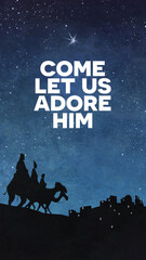 Three kings follow the star of Bethlehem and copy in tall format. Christmas greeting card.