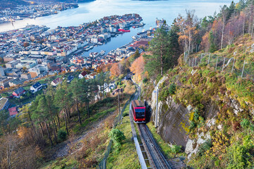 Floibanen funicular to Mt Floyen at Bergen City, from Top of Mount Floyen Glass Balcony Viewpoint mountain in Norway - obrazy, fototapety, plakaty