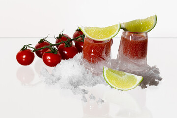bloody mary ice shots on a white background