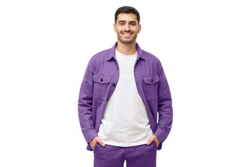 Young happy man dressed in casual purple shirt