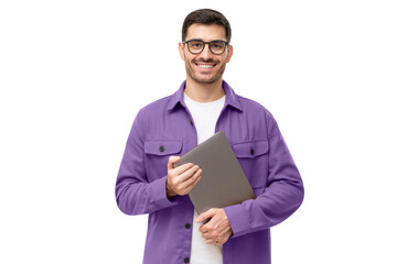 Young smiling modern male teacher holding laptop - 548614179