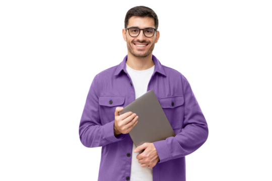 Young smiling modern male teacher holding laptop