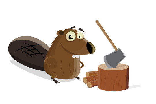 funny cartoon illustration of a happy beaver making firewood
