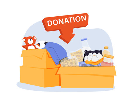 Putting Clothes and Food in Donation Box. Charity Support and Saving Money. Cartoon Color Cardboard Donation Box Icon