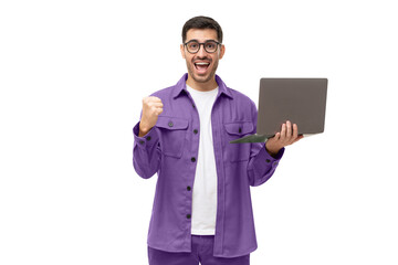 Screaming amazed winner holding laptop and celebrating success