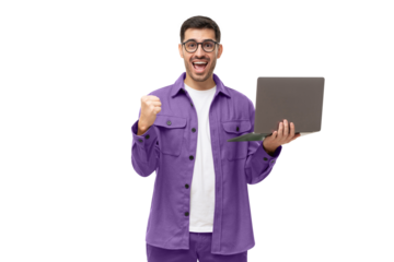 Screaming amazed winner holding laptop and celebrating success