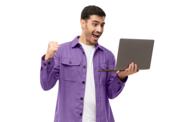 Happy excited sucessful modern business man holding laptop and raising arm up to celebrate achievement