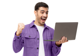 We got a winner! Excited young man in purple shirt looking at laptop screen with wow expression