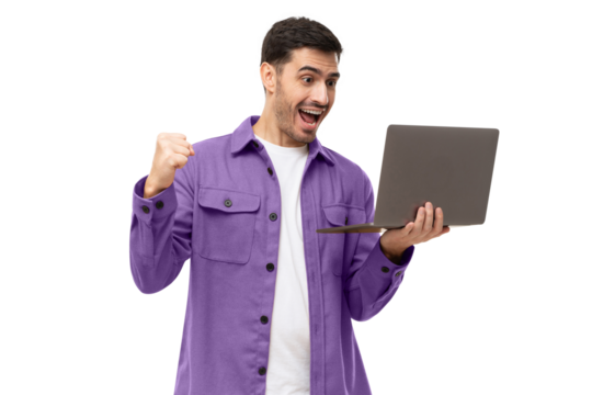 Happy excited sucessful modern business man holding laptop and raising arm up to celebrate achievement