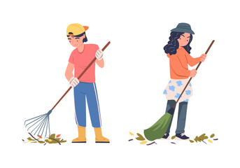 Teen Boy and Girl Volunteer Character with Rake and Broom Cleaning Street Gathering Foliage Vector Set