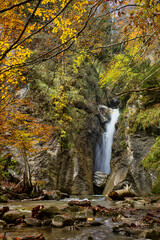 Beautiful Arrako waterfall in autumn, in the famous Belagua Valley, Navarra, Spain.