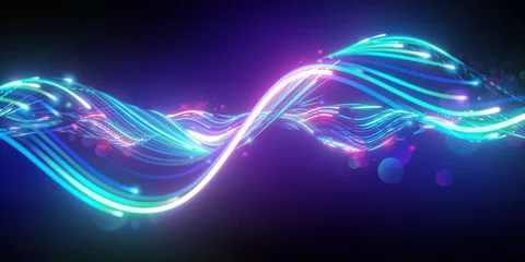 Gardinen 3D-Rendering, abstrakter Hintergrund mit rosa, blau leuchtenden Neonlinien und Bokeh-Lichtern. Datenübertragungskonzept. Digitale Tapete © NeoLeo