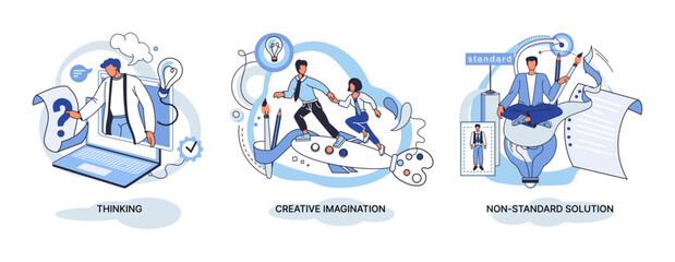 Fototapeta premium Creative thinking. People with different mental mindset types or model creative. Imaginative logical and structural thinking. MBTI person metaphor. Non standart solution. Brain think people solve idea