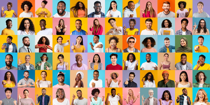 Happy group of multicultural men and women posing over bright backgrounds
