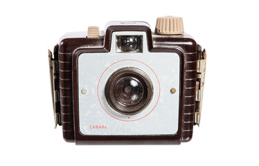 Retro film photo camera isolated on white background