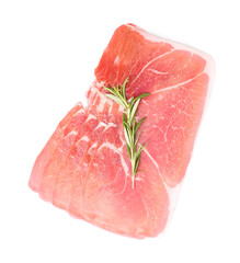 Slices of delicious ham with rosemary isolated on white background