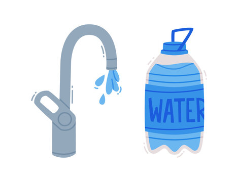 Water Tap with Valve and Plastic Bottle with Label and Pure Liquid Vector Set