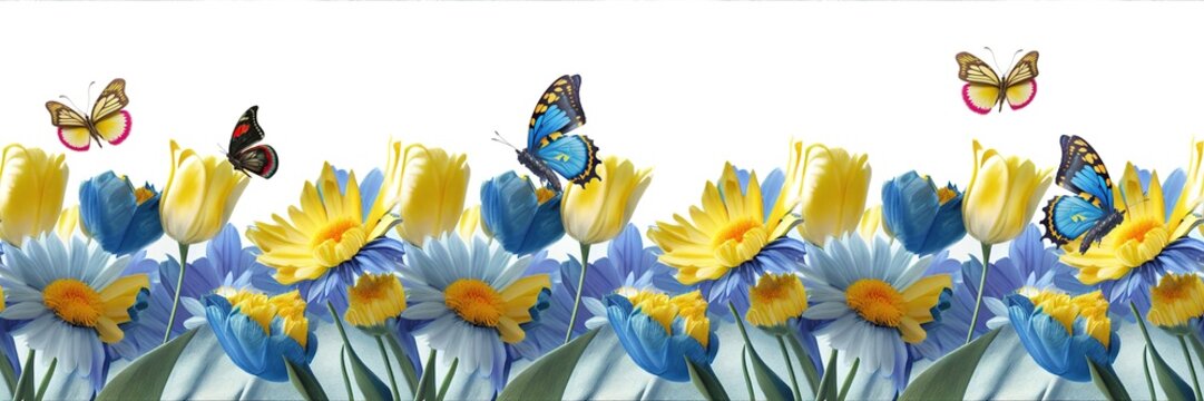 Daisies, tulips and butterflies frame or border, seamless background. Floral holiday background for wedding invitations, greeting cards, banners. Place for text