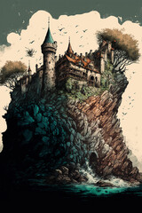 Illustration of a castle on a cliffside, fantasy style painting