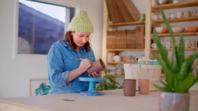 Young woman in pottery studio carving mountain design into mug