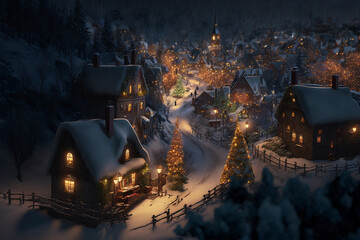 Christmas fantasy village illustration, Winter town