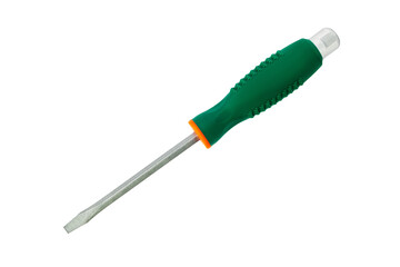 Green screwdriver isolated on a white background. Close up tool.