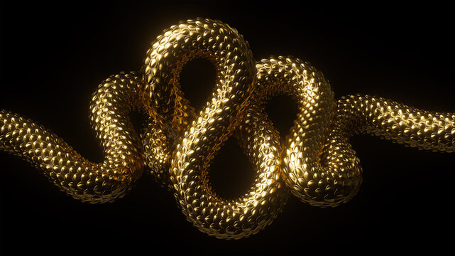 3d render, abstract fantasy background with golden wavy snake, shiny metallic dragon scales, unique wallpaper