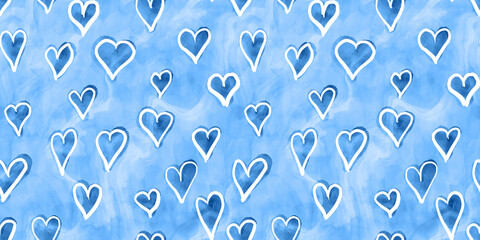 Tranquil blue playful hand drawn doodle valentine hearts seamless background texture. Cute kidult abstract 2023 color trend fashion backdrop. Kid's room textile pattern or Baby boy nursery wallpaper.