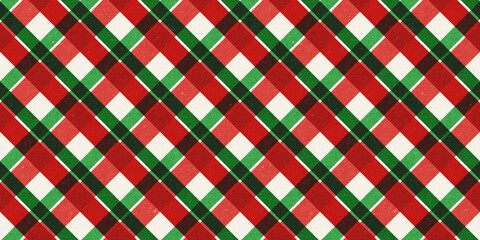 Red and green vintage rough kraft textured seamless diagonal plaid stripes Christmas decoration pattern. Classic xmas card background or gift wrap, wrapping paper or, winter holiday backdrop. - obrazy, fototapety, plakaty