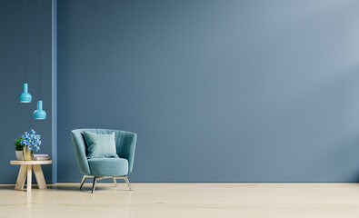 Living Room Interior Mockup In Warm Tones With Armchair On Empty Dark Blue Wall Background.