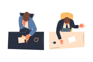 Man and Woman Office Employee Sitting at Table as Workplace Top View Vector Set