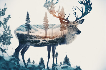 Double exposure of reindeer and winter forest illustration
