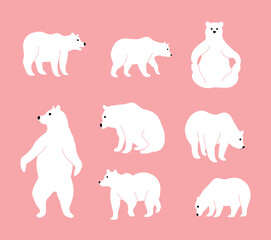 Bear silhouettes line set. Collection of graphic elements for website. Predator and mammal, forest dweller. Fauna and white animal. Cartoon flat vector illustrations isolated on pink background
