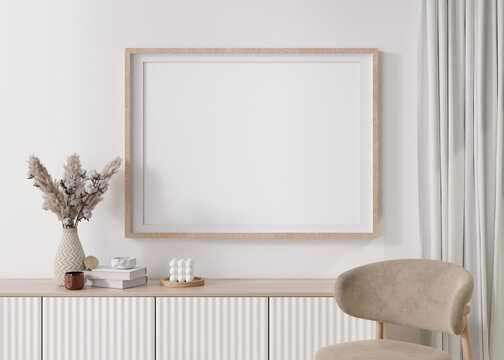 Empty Horizontal Picture Frame On White Wall In Modern Living Room. Mock Up Interior