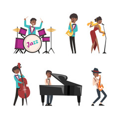 Set of jazz musicians. People performing with musical instruments and singing cartoon vector illustration