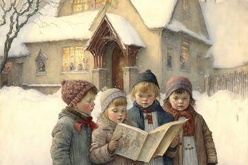 Christmas card illustration vintage style, oil pastel hand-painted style ai generated, carols, people celebrating Christmas on a snowy day, happiness