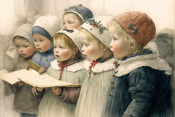 Christmas card illustration vintage style, oil pastel hand-painted style ai generated, carols, people celebrating Christmas on a snowy day, happiness