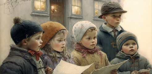 Christmas card illustration vintage style, oil pastel hand-painted style ai generated, carols, people celebrating Christmas on a snowy day, happiness