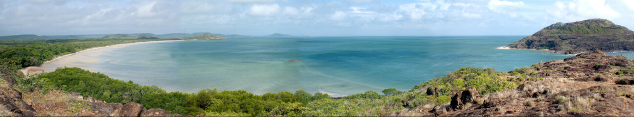 Frangipani beach and  and the tip of Cape York peninsula Queensland, Australia on the far right .