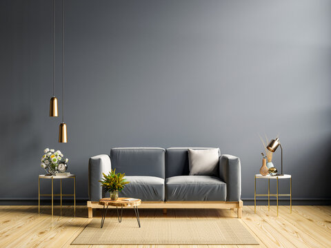 Empty Living Room With Sofa,lamp And Table On Empty Dark Blue Wall Background.3d Rendering