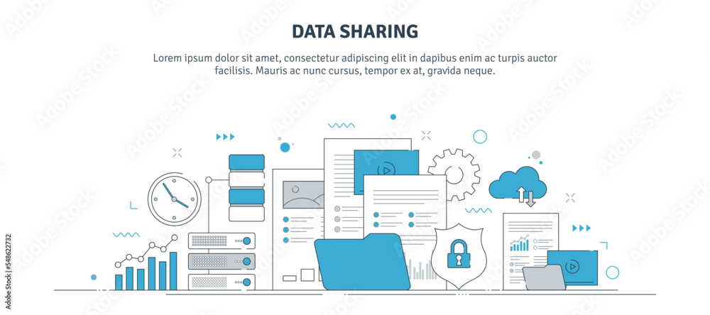 Poster thin line icon design with data sharing concept, backup, database, data security and cloud services.