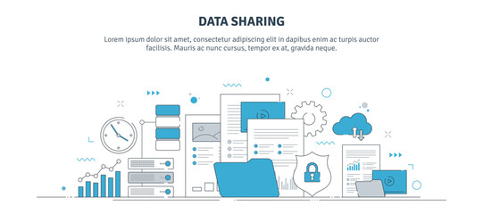 Thin line icon design with data sharing concept, backup, database, data security and cloud services. Internet banner layout with computer, server, chart, files and documents icons. 